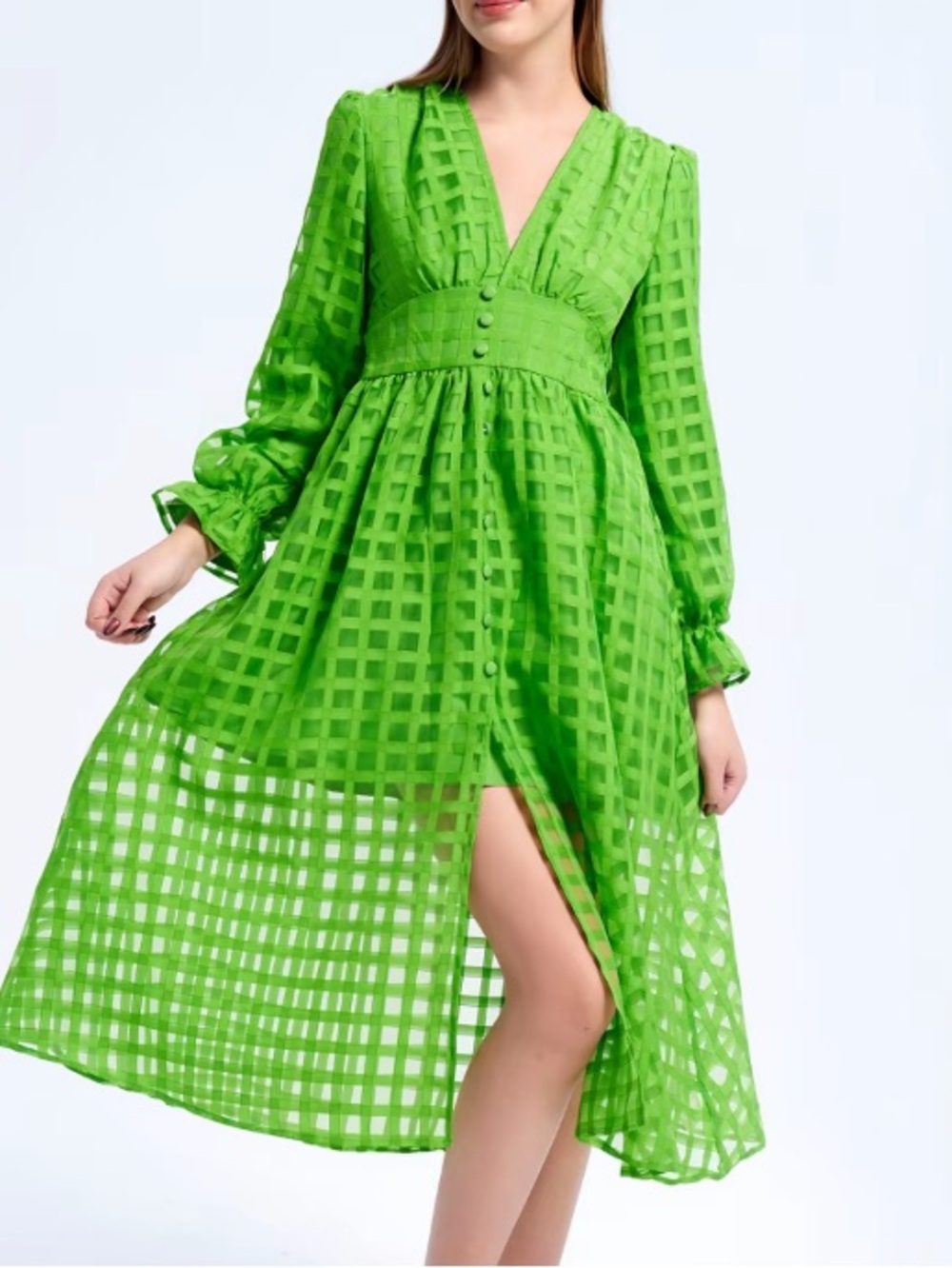 Women’s Green Check Midi Dress with V-Neck